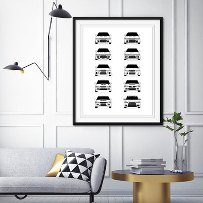 Mitsubishi Lancer Evolution Generations Inspired Car Poster Print Wall Art History Evolution Mitsubishi Evo (Evo I to Evo X) AX2