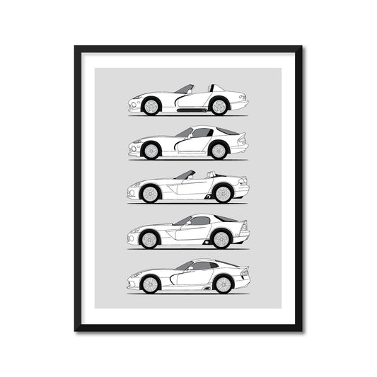 Dodge Viper Generations Inspired Car Poster (Side Profile) Print Wall Art of the History and Evolution Viper R/T GTS SRT-10 BX1