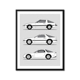 Mazda RX-7 Generations Inspired Car Poster (Side Profile) Print Wall Art History and Evolution of the Mazda RX7 fb FC FD BX1