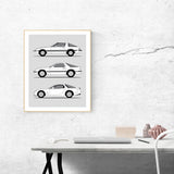 Mazda RX-7 Generations Inspired Car Poster (Side Profile) Print Wall Art History and Evolution of the Mazda RX7 fb FC FD BX1