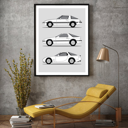 Mazda RX-7 Generations Inspired Car Poster (Side Profile) Print Wall Art History and Evolution of the Mazda RX7 fb FC FD BX1